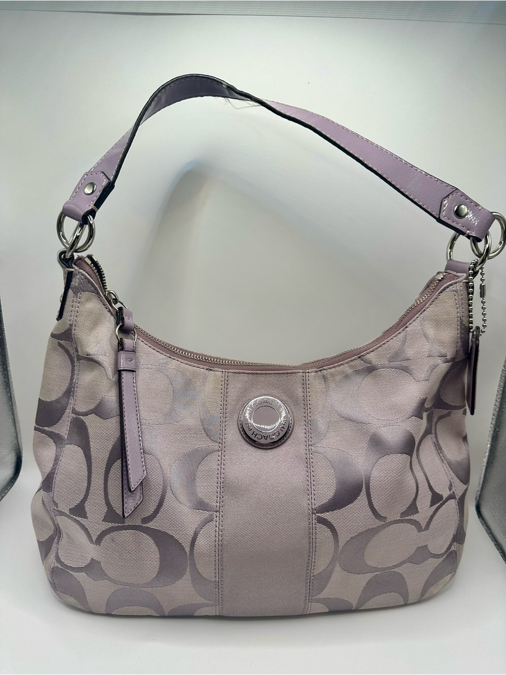 Coach Signature Stripe Hobo Bag Lilac Grey Canvas F19281